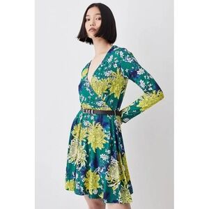 NWT Karen Millen Jersey Skater Dress Womens 6 Green Yellow Floral Wedding Guest